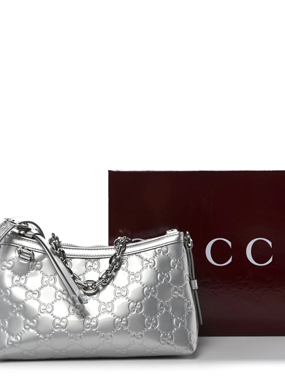 Gucci Silver Metallic Embossed GG Shoulder Bag with Chain Strap